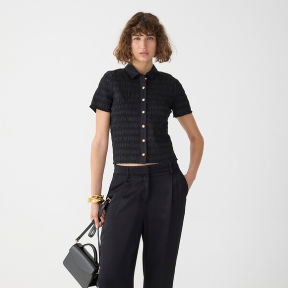 J. Crew Smocked button up shirt in cotton blend voile in black size M - Picture 1 of 9